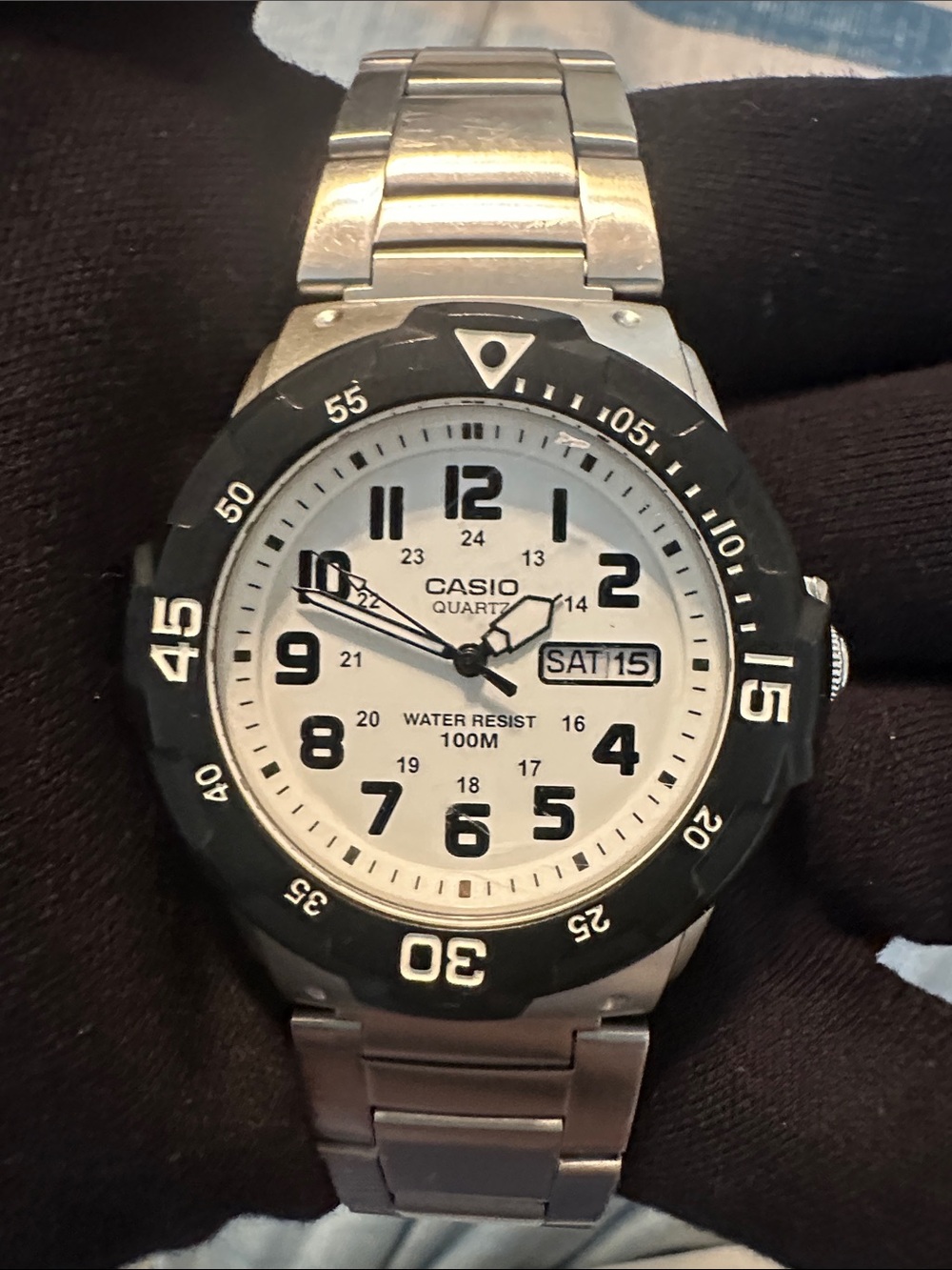 Casio Men's Silver Watch with White Dial and Black Bezel